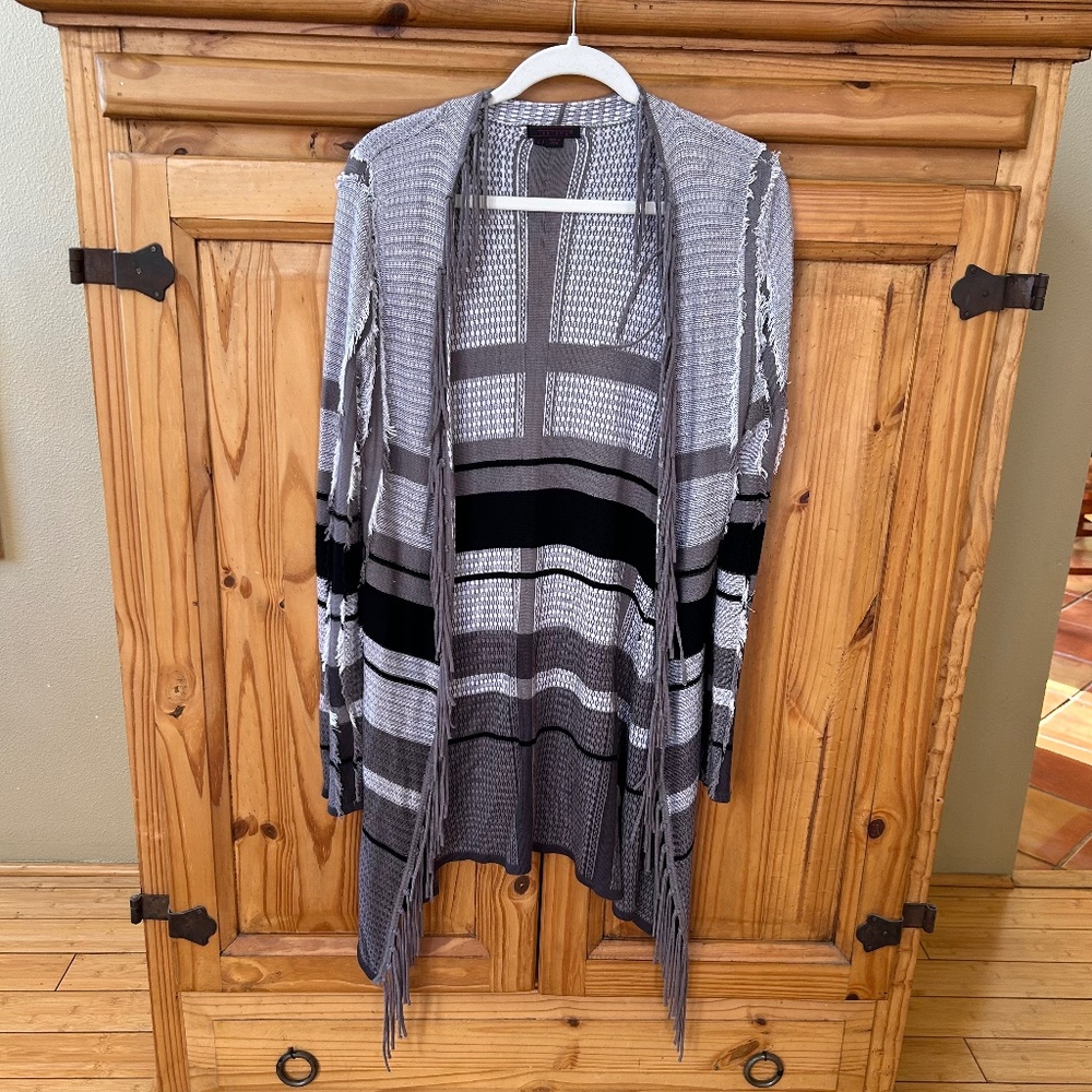 Fontana Cardigan‎ Black Gray Fringe 100% Viscose Lightweight Long Women's Large
